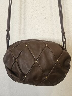 Vintage GANSON Dark Chocolate Brown Quilted Studded Leather Crossbody Bag